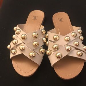 Dizzy Beige Slides with Gold Button Accents